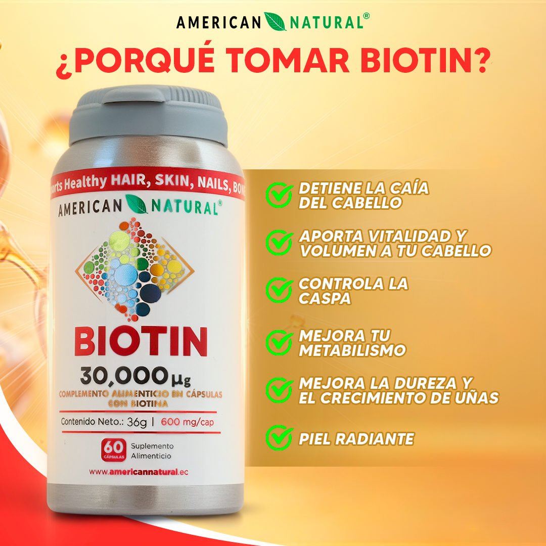 Biotina 30,000 mcg American Natural | Fortalece Cabello, Piel y Uñas