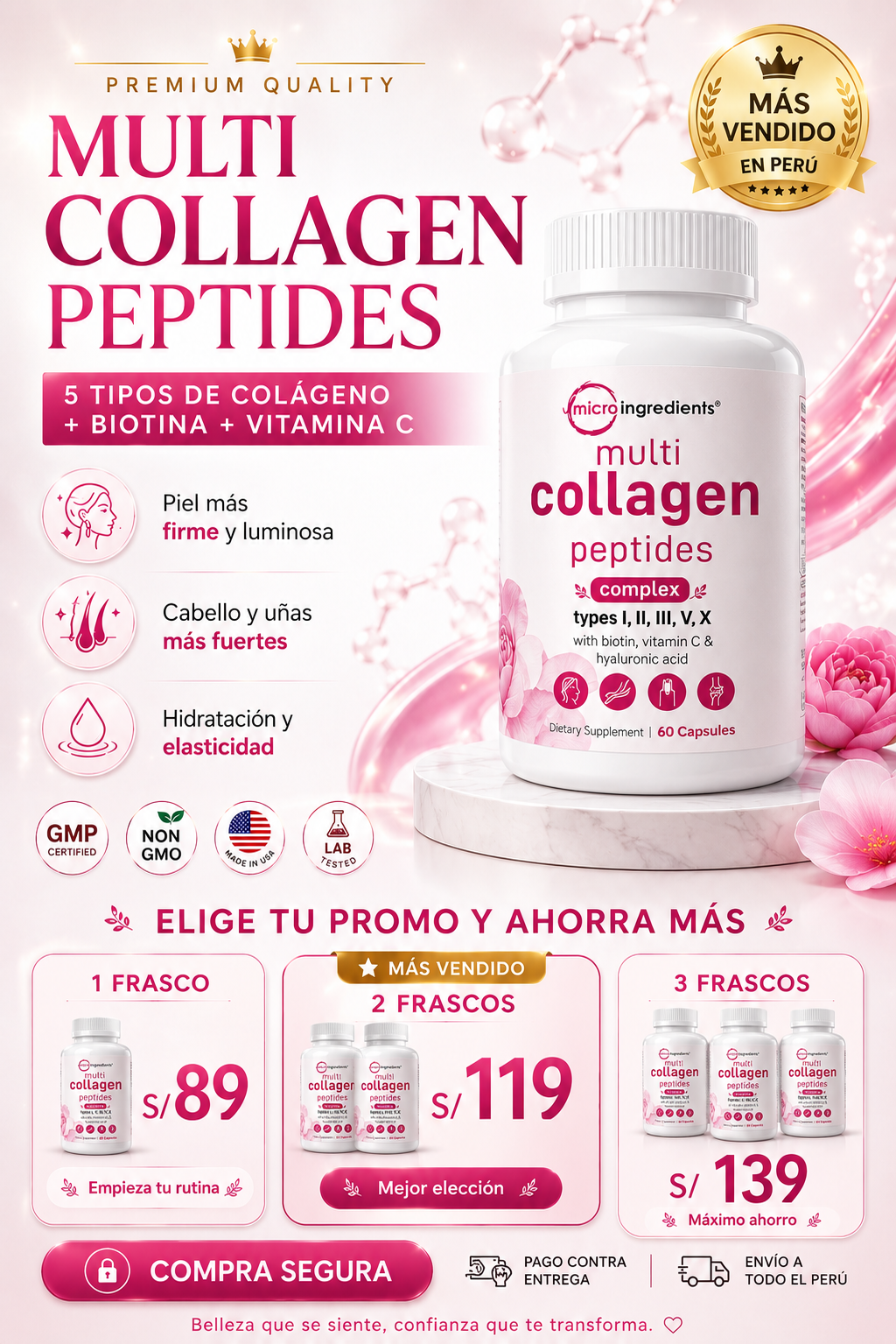 Multi Collagen Peptides Micro Ingredients | Colágeno Hidrolizado con Biotina, Vitamina C y Ácido Hialurónico – 60 Cápsulas