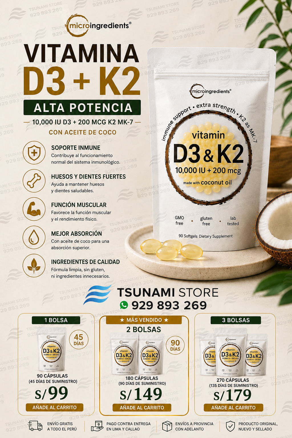 Vitamina D3 + K2 MK7 10,000 IU Alta Potencia | Microingredients