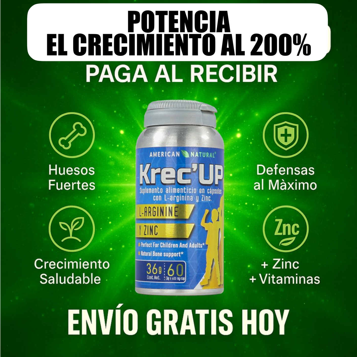 Krec’Up American Natural | L-Arginina + Zinc para Crecimiento y Energía (9 a 22 años)