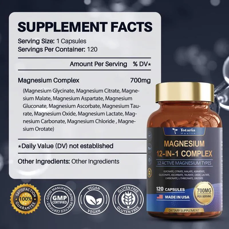 Magnesio 12 Formas + 700 mg – Más Energía, Sueño Profundo y Menos Estrés
