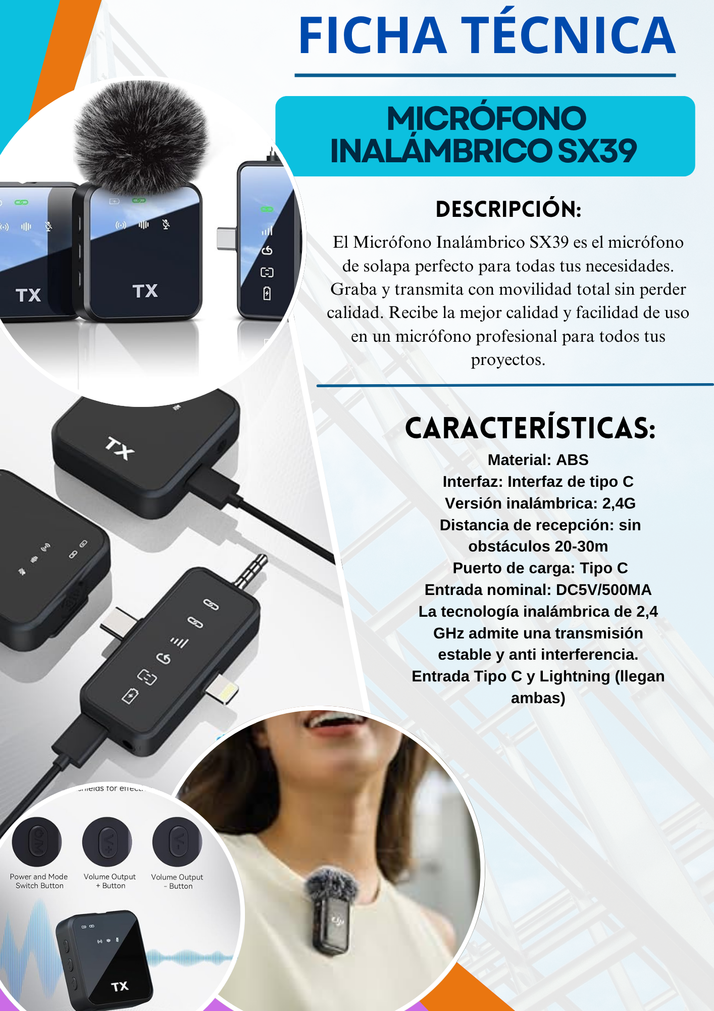 MICRÓFONO INALÁMBRICO SX39 DOBLE ENTRADA C Y LIGHTNING