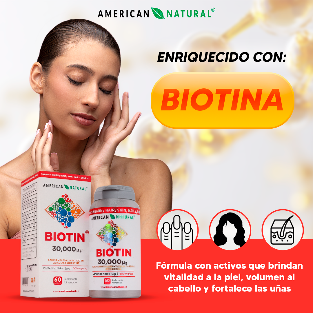 Biotina 30,000 mcg American Natural | Fortalece Cabello, Piel y Uñas