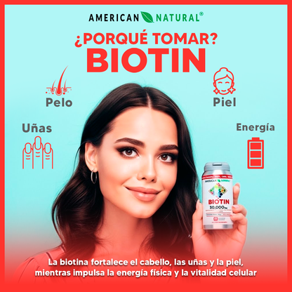 Biotina 30,000 mcg American Natural | Fortalece Cabello, Piel y Uñas