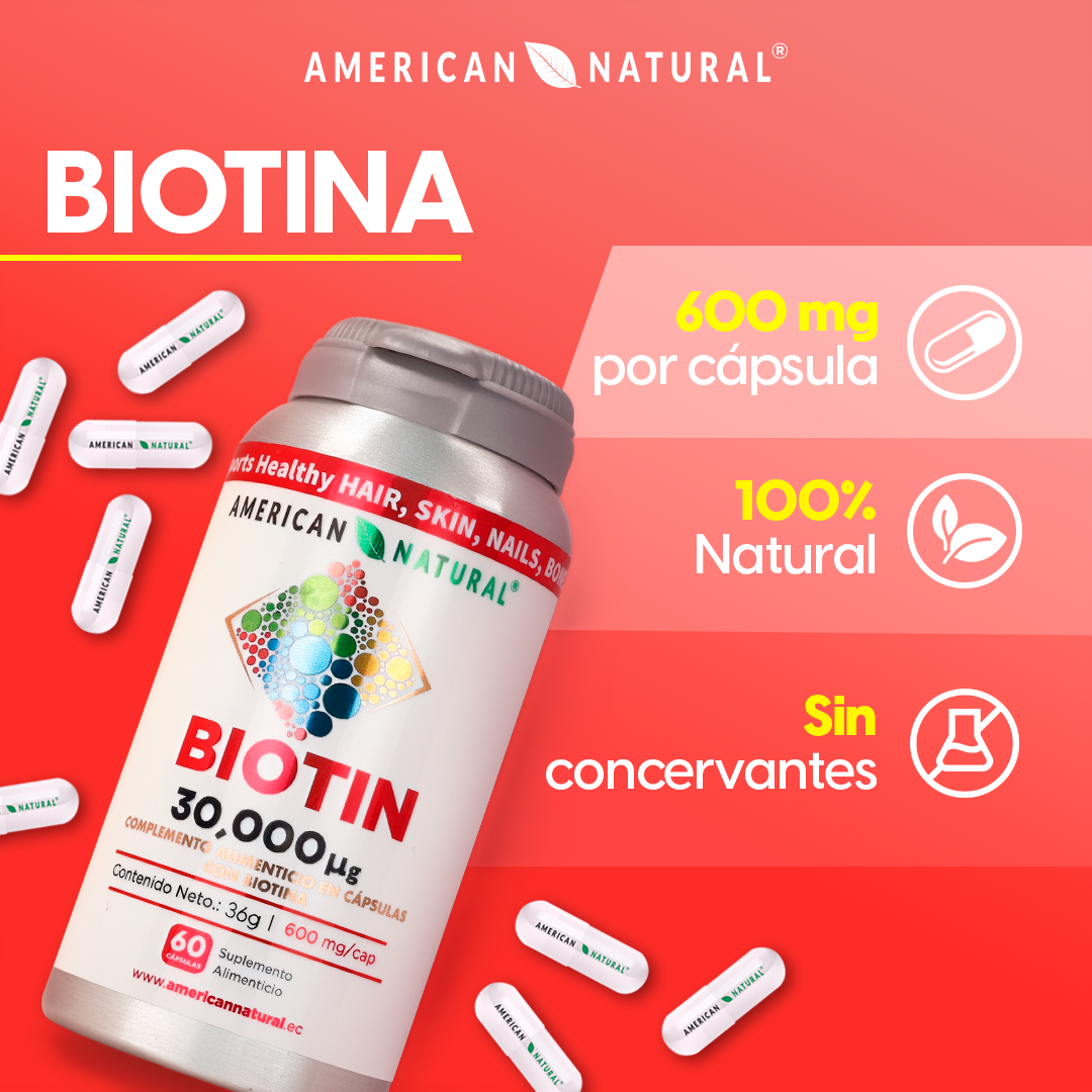 Biotina 30,000 mcg American Natural | Fortalece Cabello, Piel y Uñas