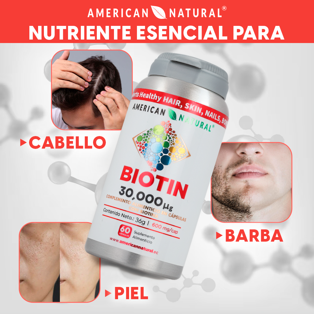 Biotina 30,000 mcg American Natural | Fortalece Cabello, Piel y Uñas