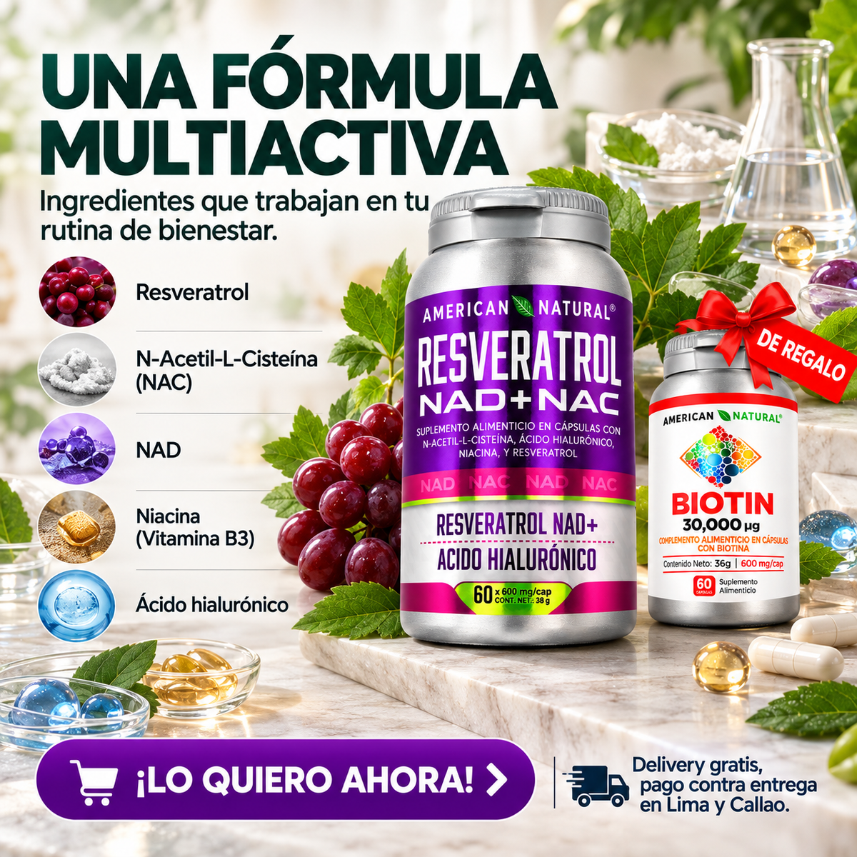 Resveratrol NAD+NAC | 3 Unidades + Biotina 30,000 mcg GRATIS
