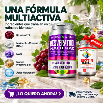 Resveratrol NAD+NAC | 3 Unidades + Biotina 30,000 mcg GRATIS