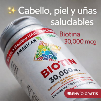 Biotina 30,000 mcg American Natural | Fortalece Cabello, Piel y Uñas