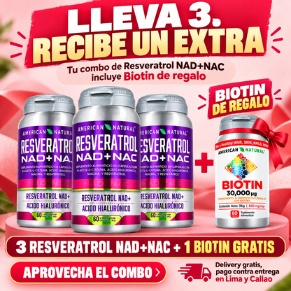 Resveratrol NAD+NAC | 3 Unidades + Biotina 30,000 mcg GRATIS