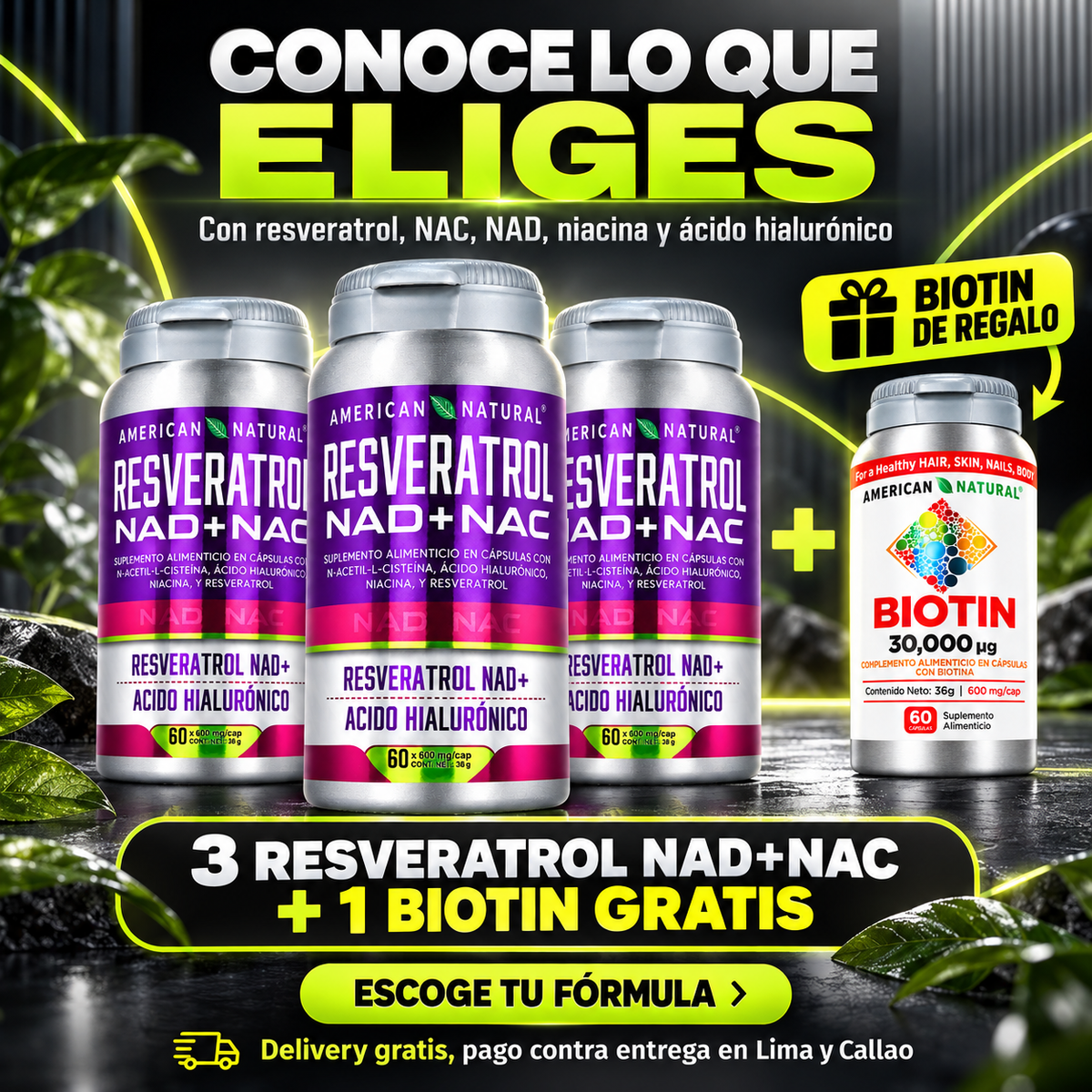 Resveratrol NAD+NAC | 3 Unidades + Biotina 30,000 mcg GRATIS