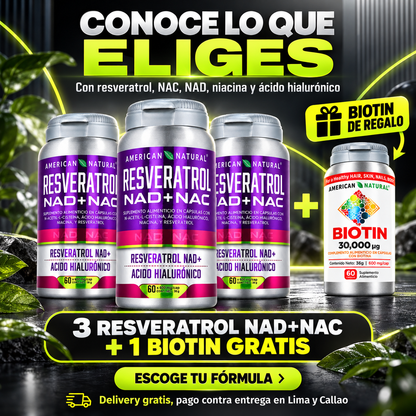 Resveratrol NAD+NAC | 3 Unidades + Biotina 30,000 mcg GRATIS