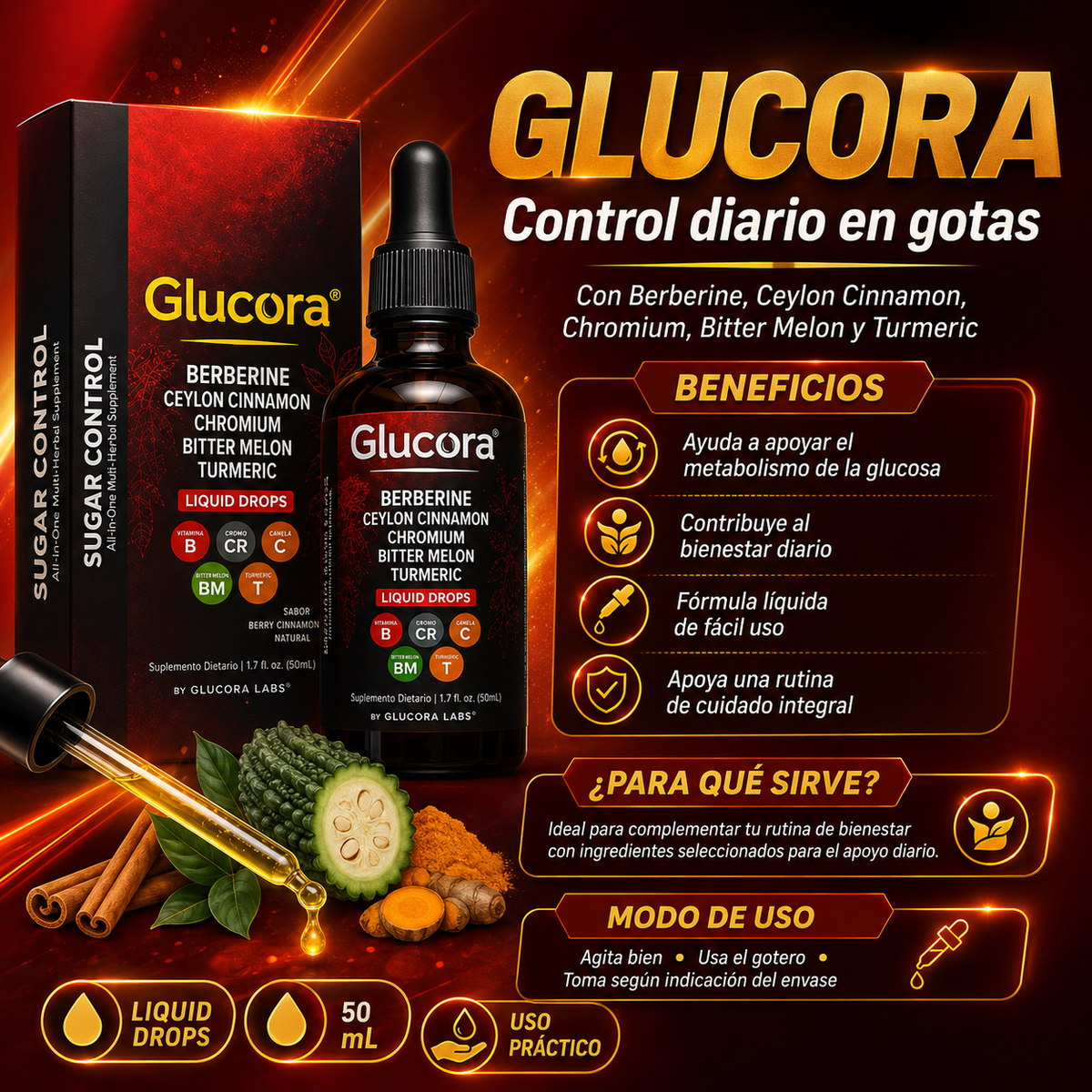 Glucora Gotas 10 en 1 | Berberina, Canela de Ceilán y Cromo | 50 ml