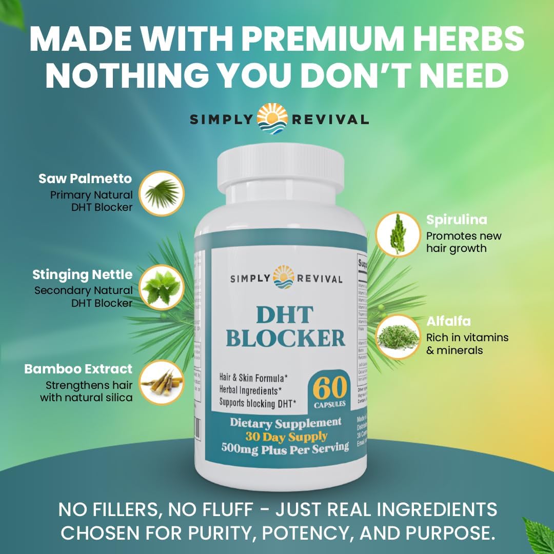 DHT Blocker Simply Revival 500mg – 60 Cápsulas | Bloqueador de DHT para la Caída del Cabello