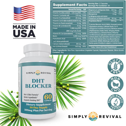 DHT Blocker Simply Revival 500mg – 60 Cápsulas | Bloqueador de DHT para la Caída del Cabello