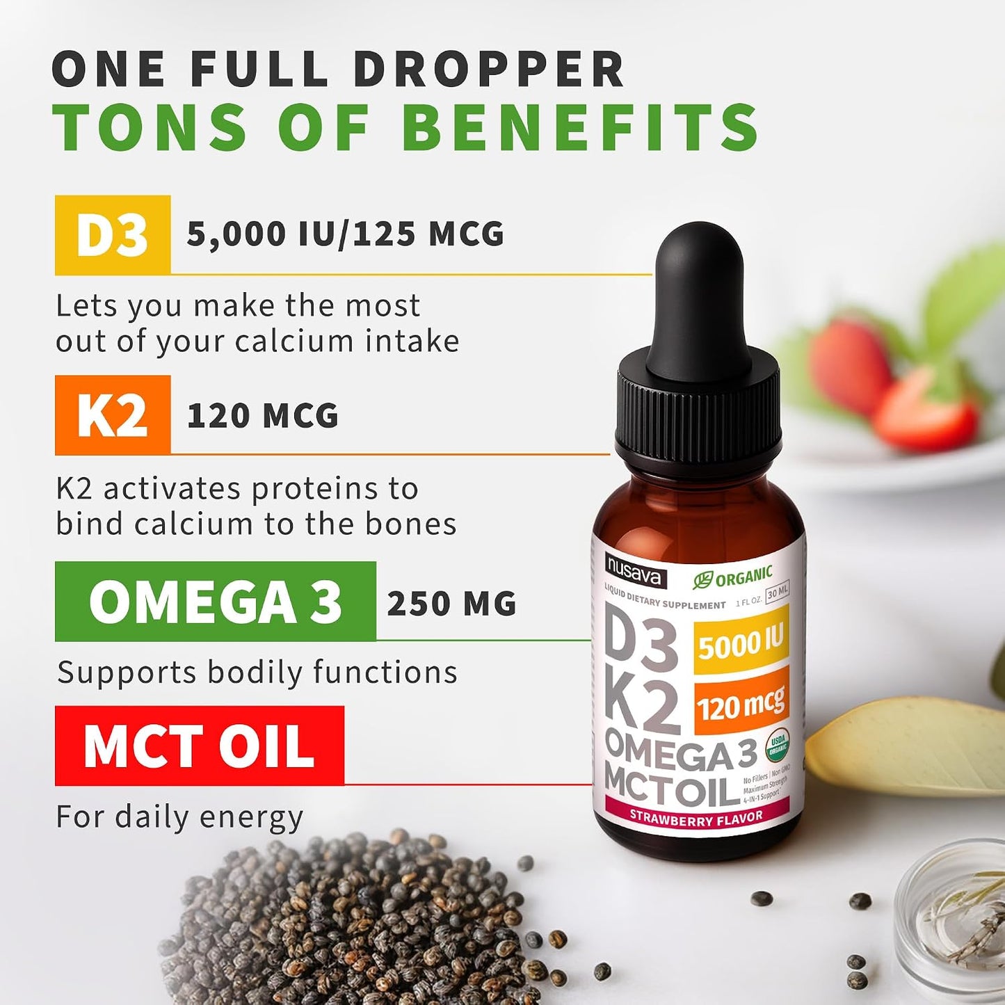 Vitamina D3 + K2 Líquida 5000 IU con Omega 3 y MCT Oil Nusava | 60 Porciones