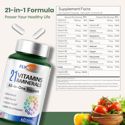 Multivitamínico Completo con 21 Vitaminas y Minerales | FLYNEW 60 Cápsulas