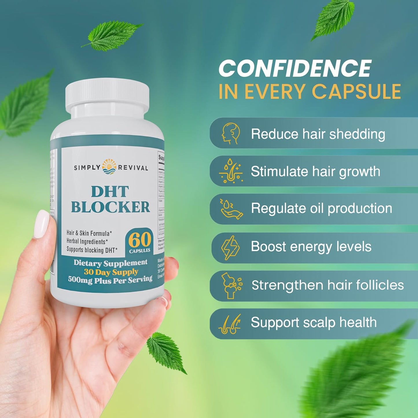 DHT Blocker Simply Revival 500mg – 60 Cápsulas | Bloqueador de DHT para la Caída del Cabello