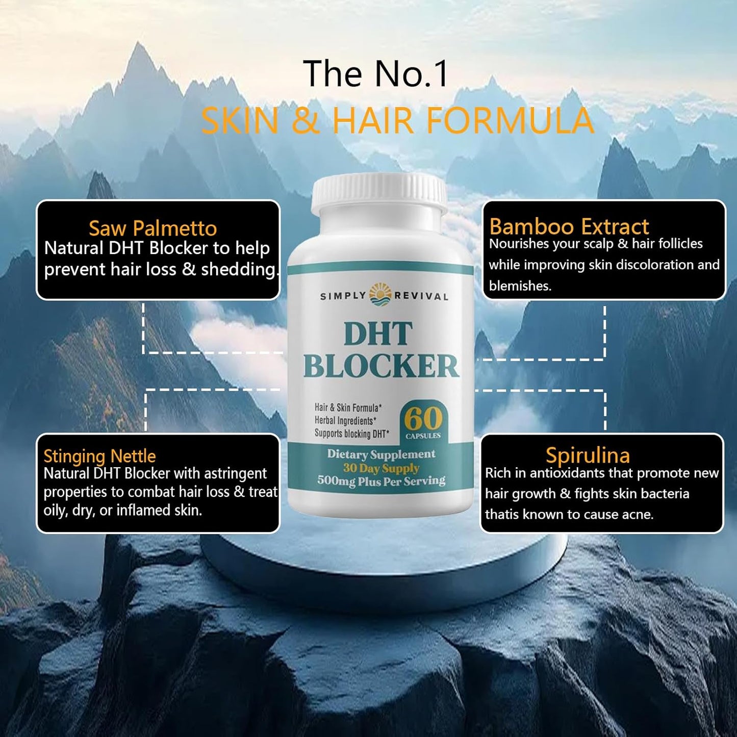 DHT Blocker Simply Revival 500mg – 60 Cápsulas | Bloqueador de DHT para la Caída del Cabello