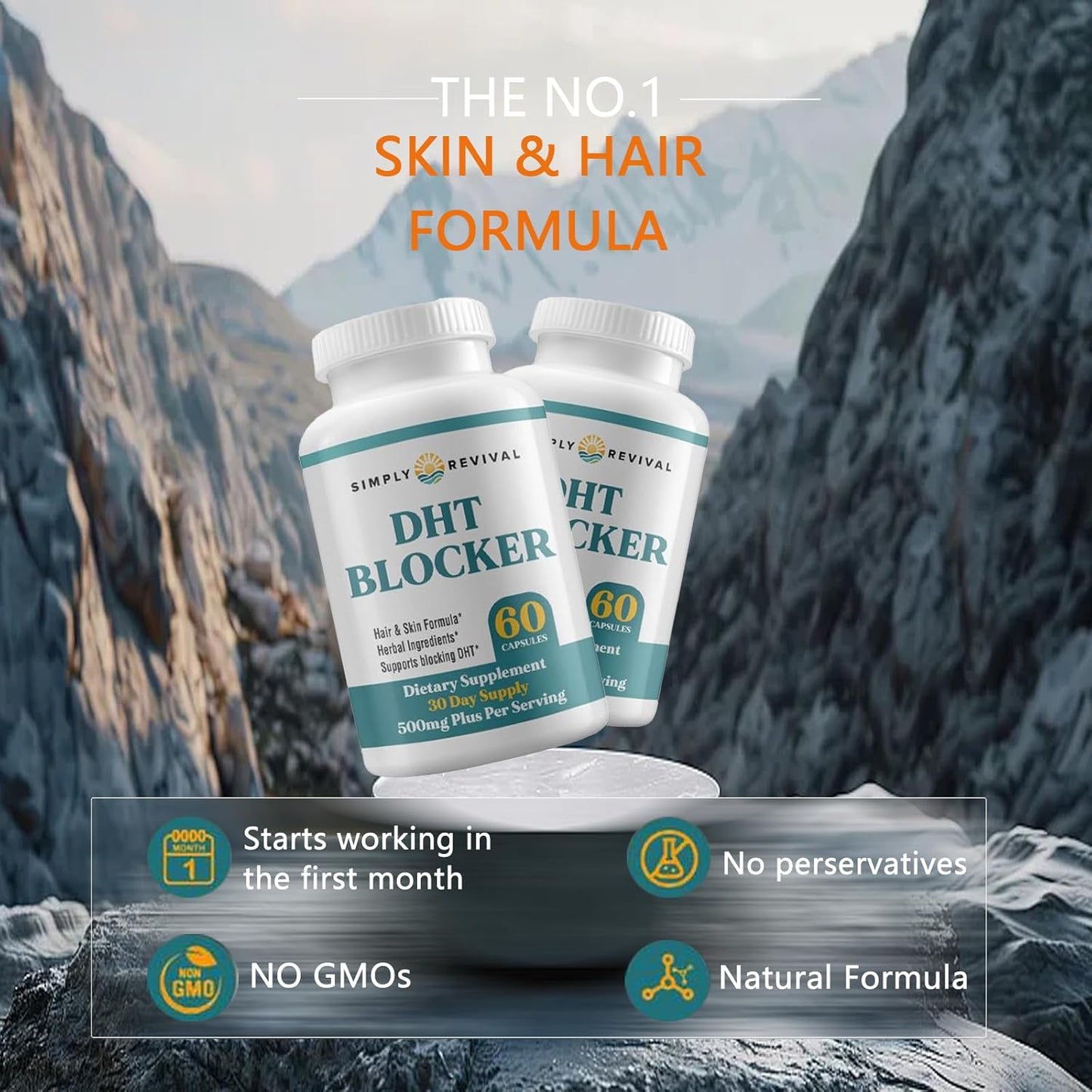 DHT Blocker Simply Revival 500mg – 60 Cápsulas | Bloqueador de DHT para la Caída del Cabello