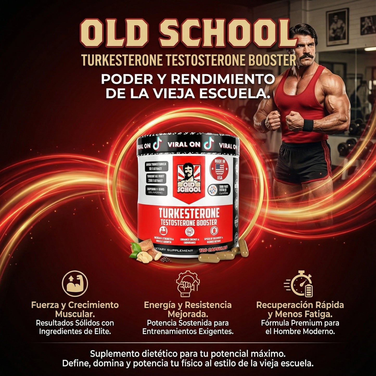 Turkesterona con Tongkat Ali Old School 120 cápsulas – Fuerza, Recuperación y Rendimiento