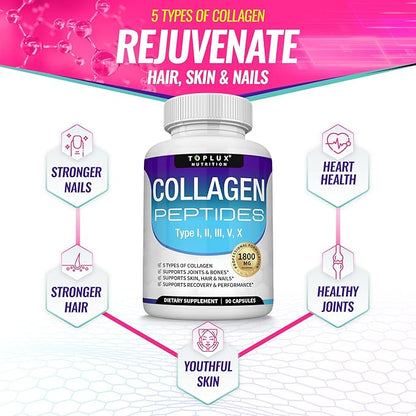 Colágeno Péptidos Toplux 1800 mg 90 Cápsulas - 5 Tipos de Colágeno en un solo Producto