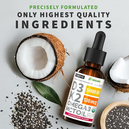 Vitamina D3 + K2 Líquida 5000 IU con Omega 3 y MCT Oil Nusava | 60 Porciones