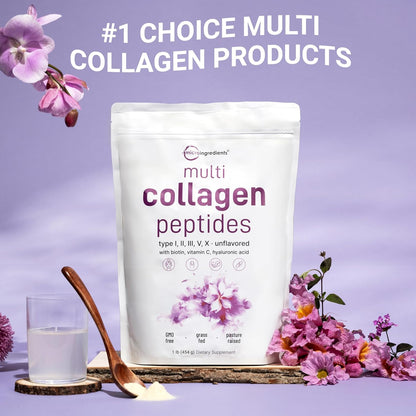 Multi Collagen Peptides 454 g – Colágeno Tipos I, II, III, V y X con Biotina, Vitamina C y Ácido Hialurónico | Piel, Cabello y Articulaciones