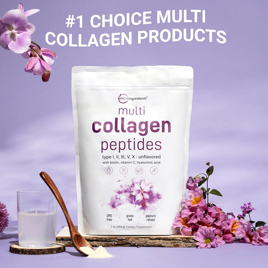Multi Collagen Peptides 454 g – Colágeno Tipos I, II, III, V y X con Biotina, Vitamina C y Ácido Hialurónico | Piel, Cabello y Articulaciones