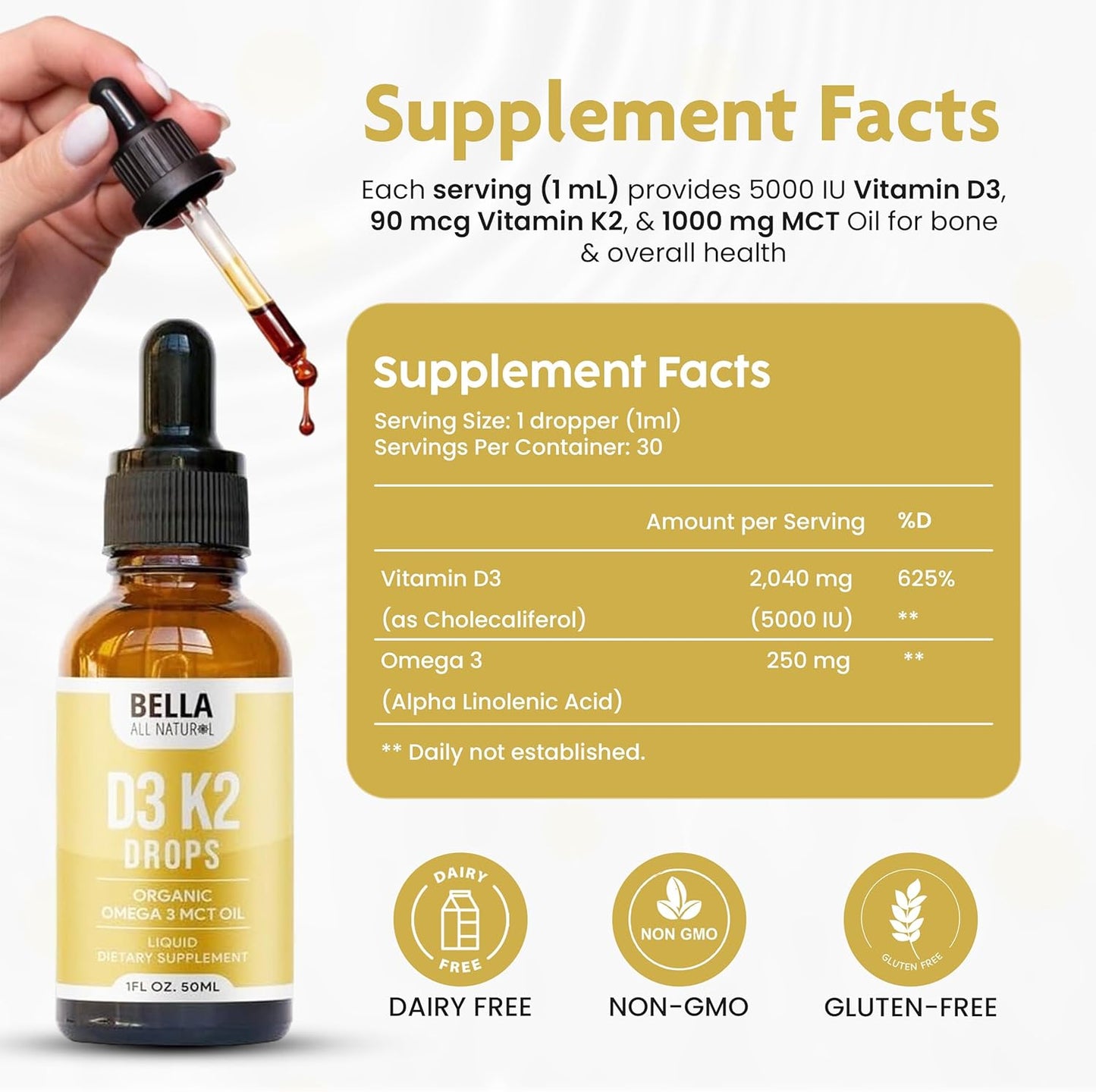 Bella All Natural Vitamina D3 K2 con Omega 3 - MCT Oil