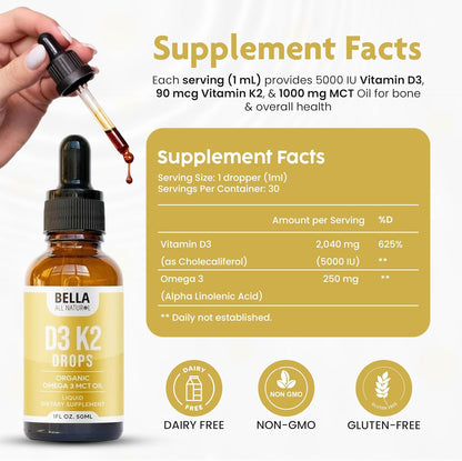 Bella All Natural Vitamina D3 K2 con Omega 3 - MCT Oil