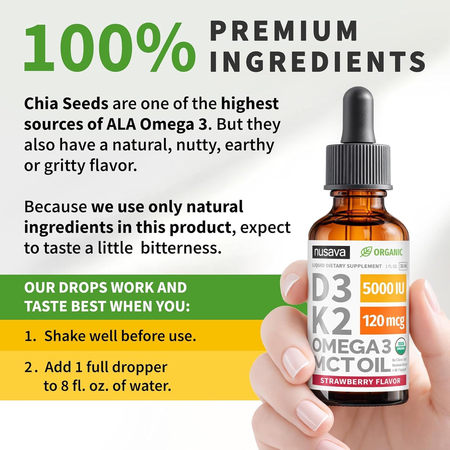 Vitamina D3 + K2 Líquida 5000 IU con Omega 3 y MCT Oil Nusava | 60 Porciones