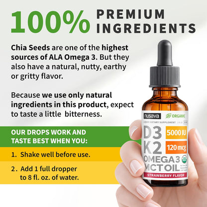 Vitamina D3 + K2 Líquida 5000 IU con Omega 3 y MCT Oil Nusava | 60 Porciones