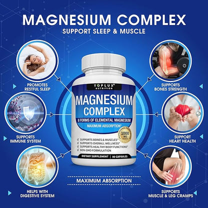 Magnesio Complex 1000 mg 90 cápsulas – 8 Tipos de Magnesio en un solo Producto