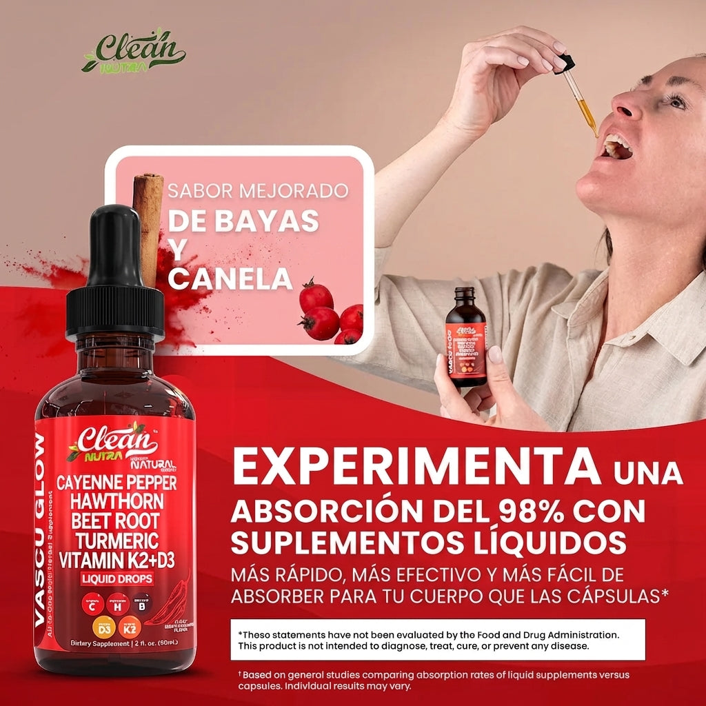 Vascu Glow Suplemento Natural para la Circulación y Energía | Remolacha, Cúrcuma, Ginseng y Vitaminas D3 K2
