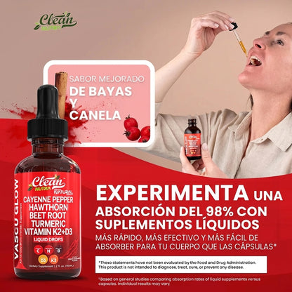 Vascu Glow Suplemento Natural para la Circulación y Energía | Remolacha, Cúrcuma, Ginseng y Vitaminas D3 K2