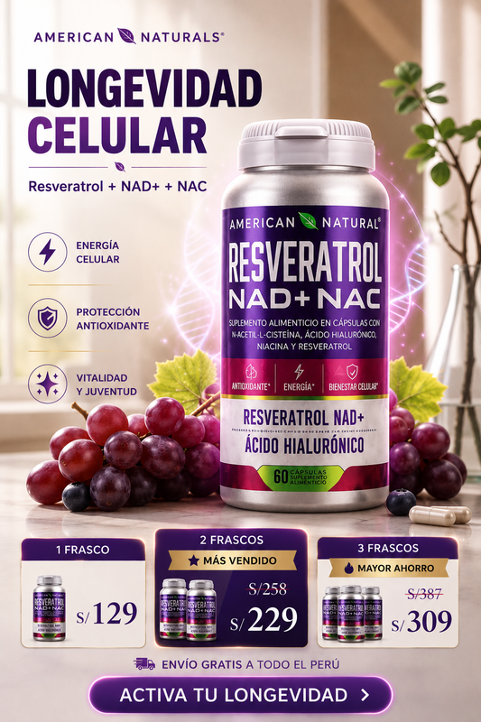 Resveratrol NAD+ NAC con Ácido Hialurónico | Fórmula Avanzada para Envejecimiento Saludable y Vitalidad