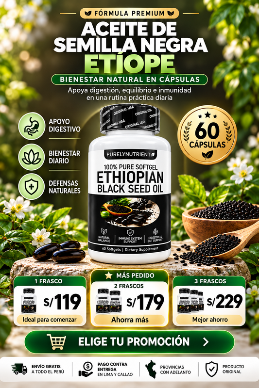 Ethiopian Black Seed Oil 60 Cápsulas | Aceite de Semilla Negra Apoyo Digestivo y Antioxidante