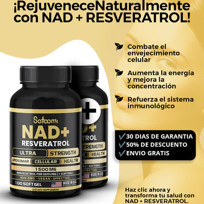 NAD+ + Resveratrol Liposomal 1500 mg – Fórmula Antioxidante de Alta Absorción | 100 Cápsulas