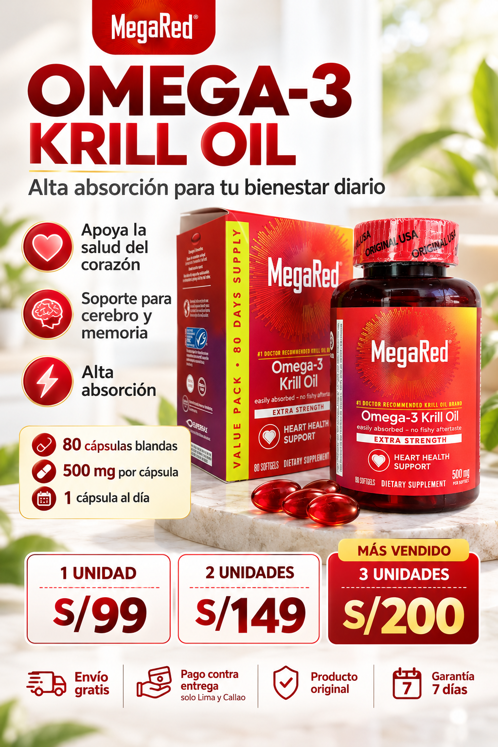Omega-3 Krill Oil 500 mg – MegaRed | 80 Cápsulas