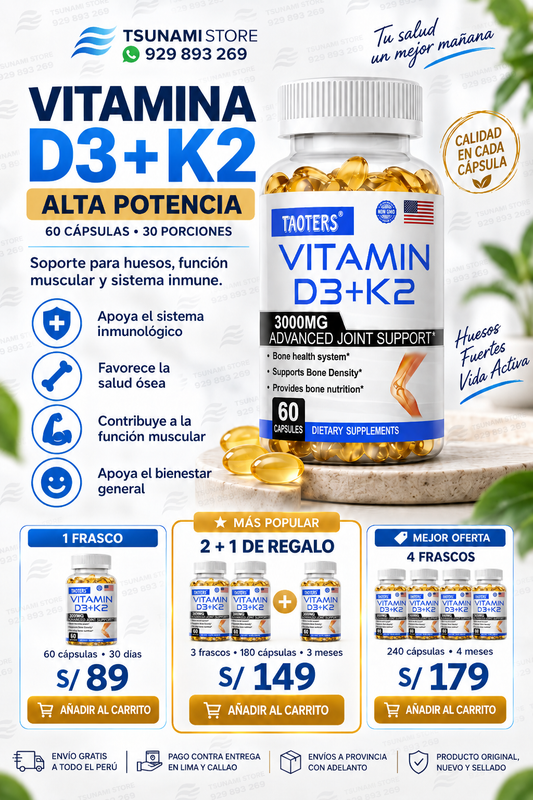 Vitamina D3 + K2 Taoters 3000MG | 60 Cápsulas para Huesos y Músculos