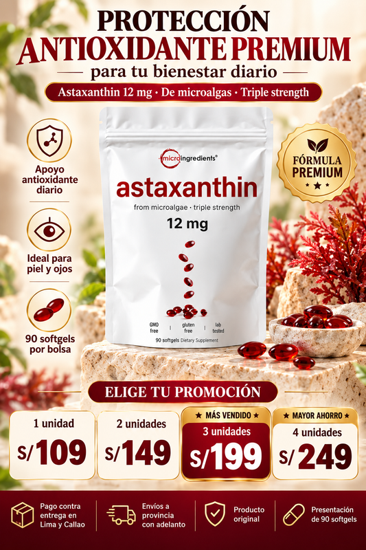 Astaxantina 12 mg Micro Ingredients | Antioxidante Premium 90 Cápsulas