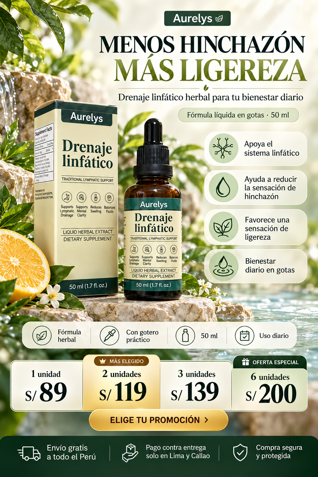 Aurelys Drenaje Linfático 50 ml | Fórmula Herbal en Gotas | Apoyo para Piernas Pesadas e Hinchazón