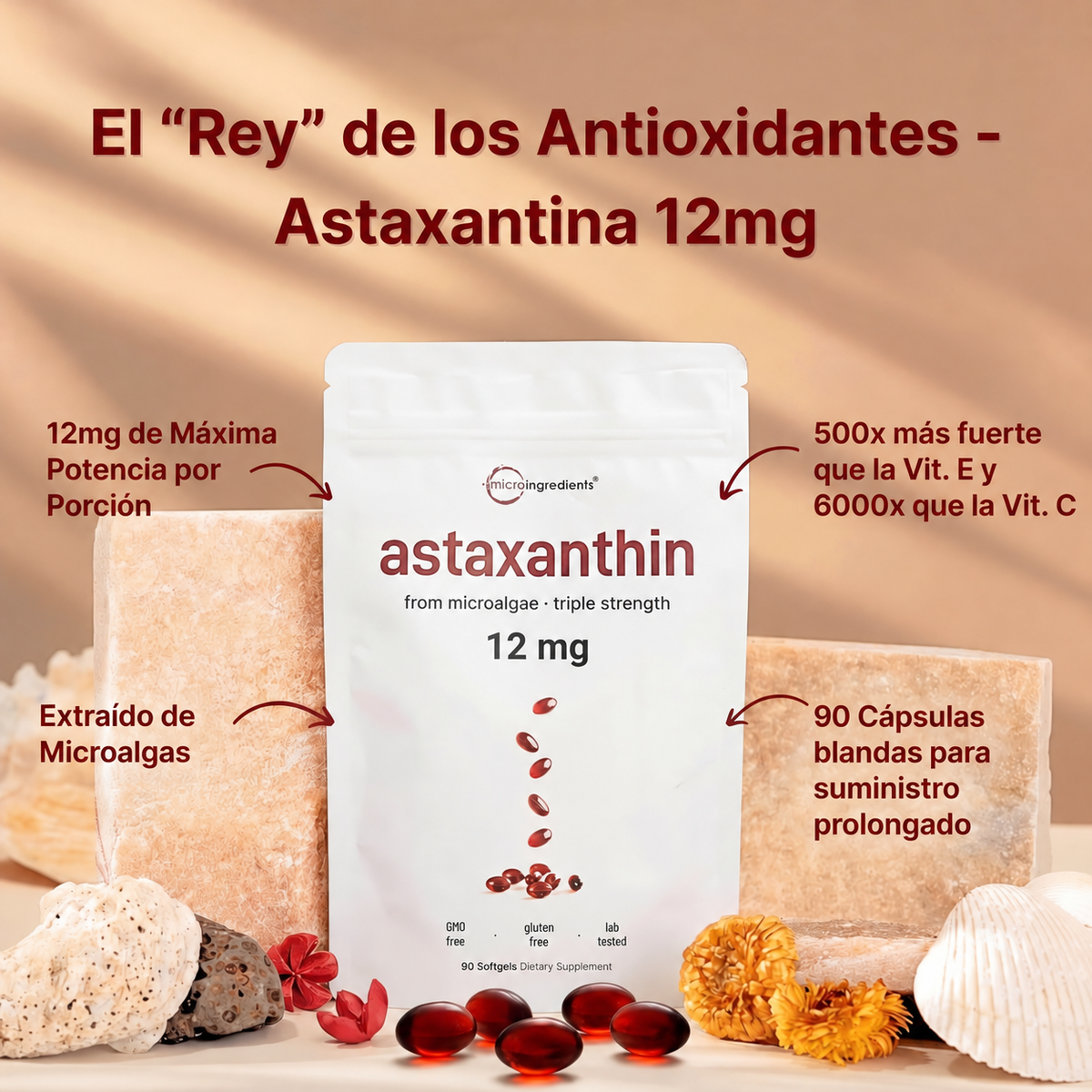 Astaxantina 12 mg Micro Ingredients | Antioxidante Premium 90 Cápsulas