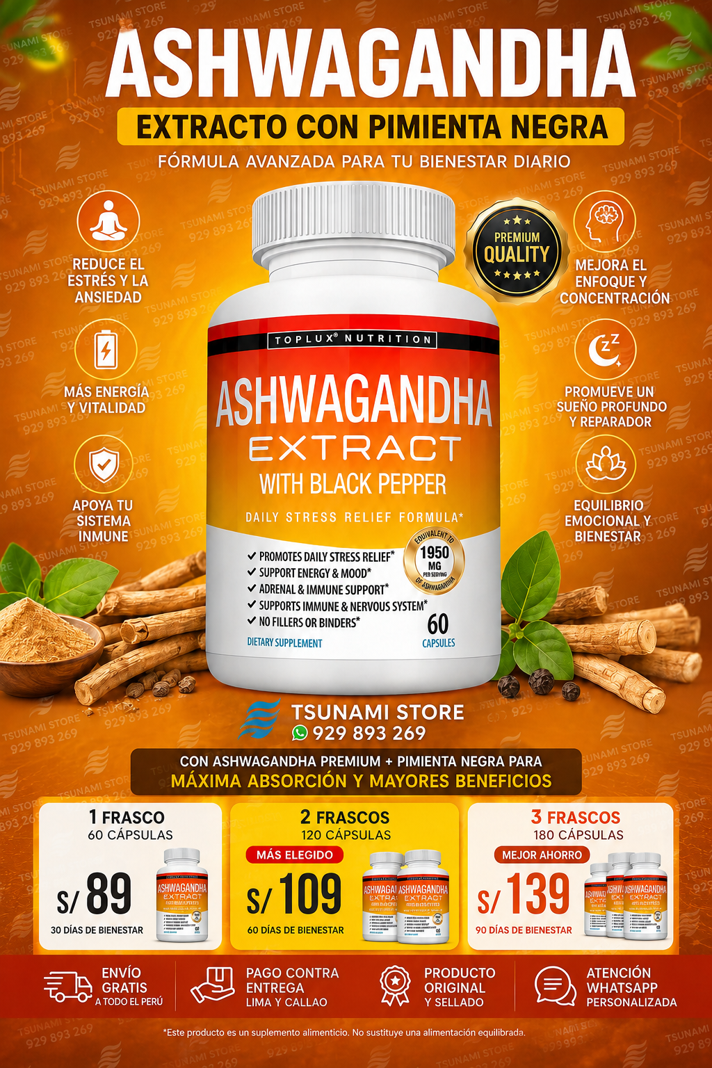 Ashwagandha Extract 1950 mg | Con Pimienta Negra | 60 Cápsulas