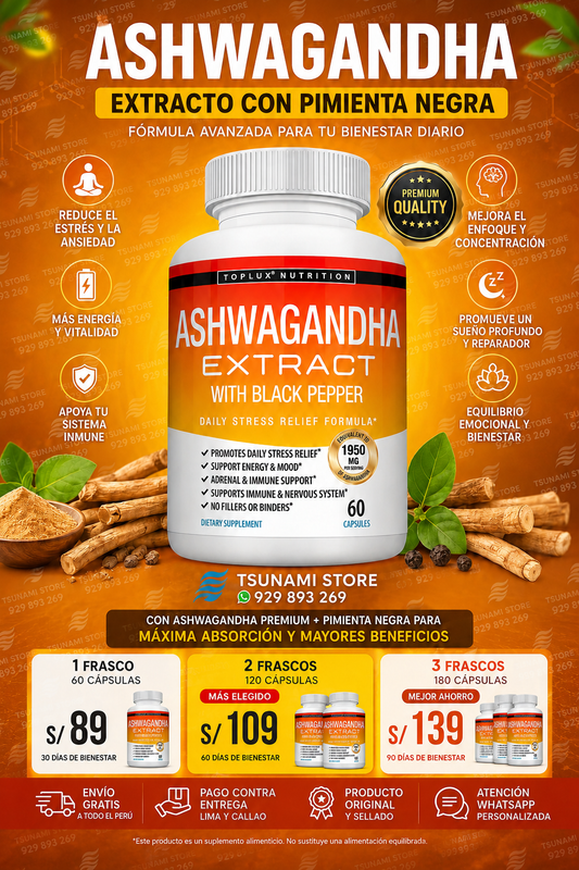 Ashwagandha Extract 1950 mg | Con Pimienta Negra | 60 Cápsulas
