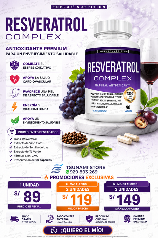 Resveratrol Complex Toplux Nutrition 1800 mg | Extracto de Uva y Té Verde Antioxidante Premium 90 Cápsulas