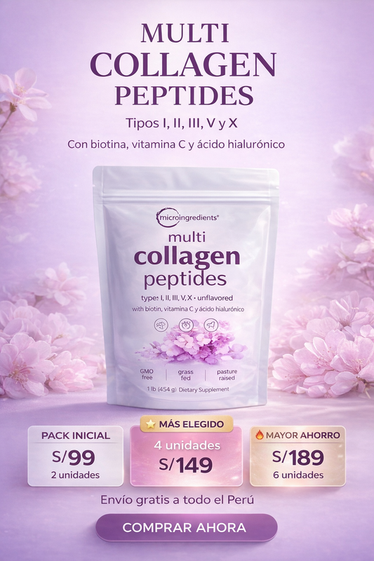 Multi Collagen Peptides 454 g – Colágeno Tipos I, II, III, V y X con Biotina, Vitamina C y Ácido Hialurónico | Piel, Cabello y Articulaciones