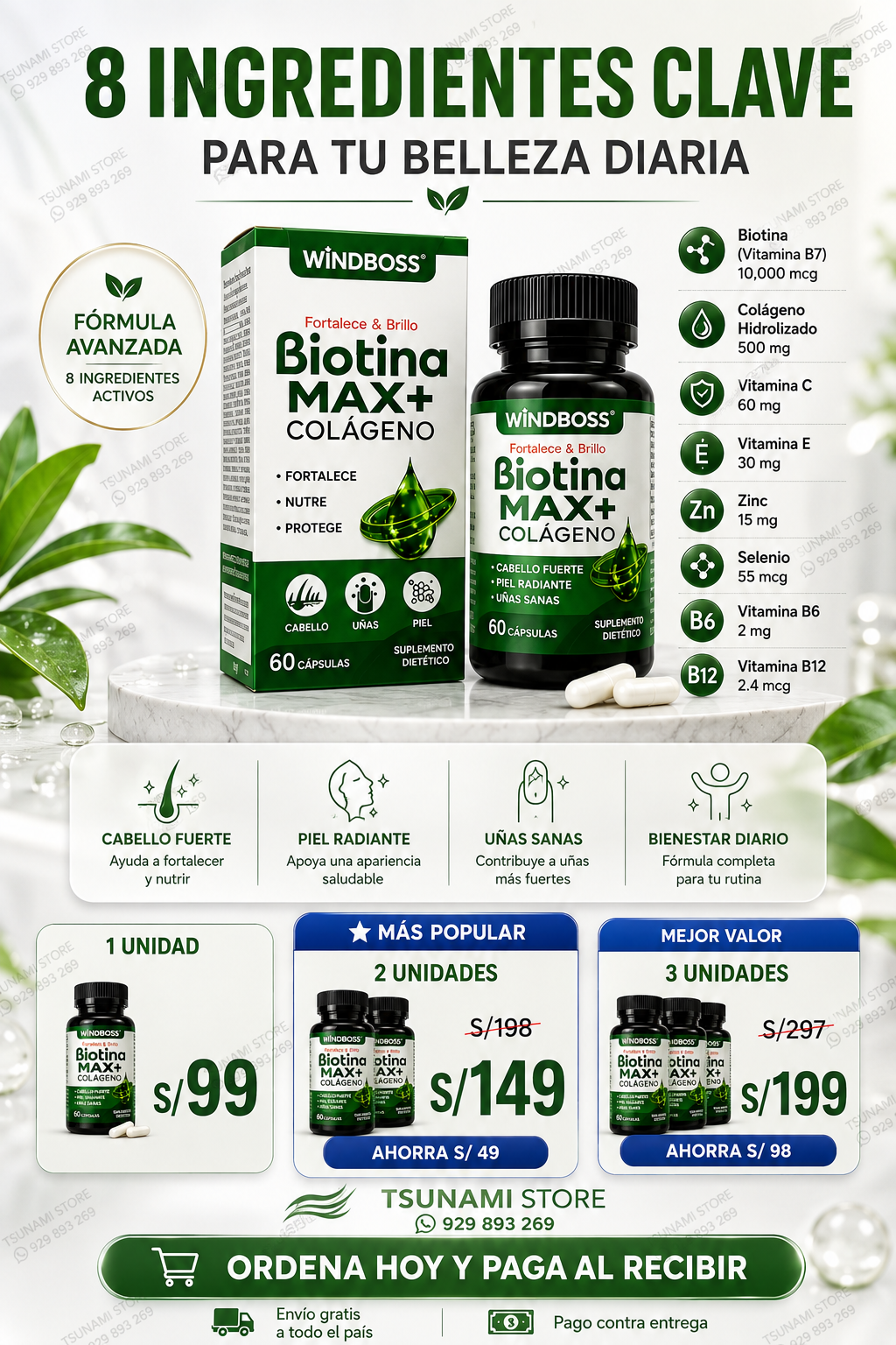Biotina Max+ Colágeno Windboss 10,000 mcg 60 Cápsulas – Belleza y Nutrición para Cabello, Piel y Uñas