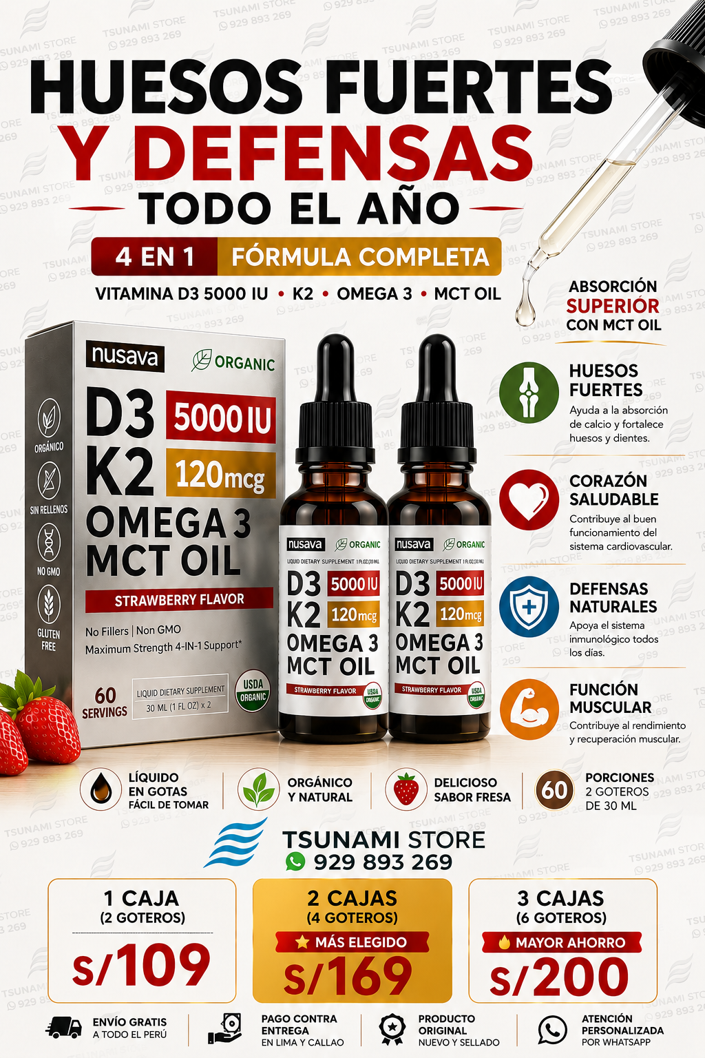 Vitamina D3 + K2 Líquida 5000 IU con Omega 3 y MCT Oil Nusava | 60 Porciones